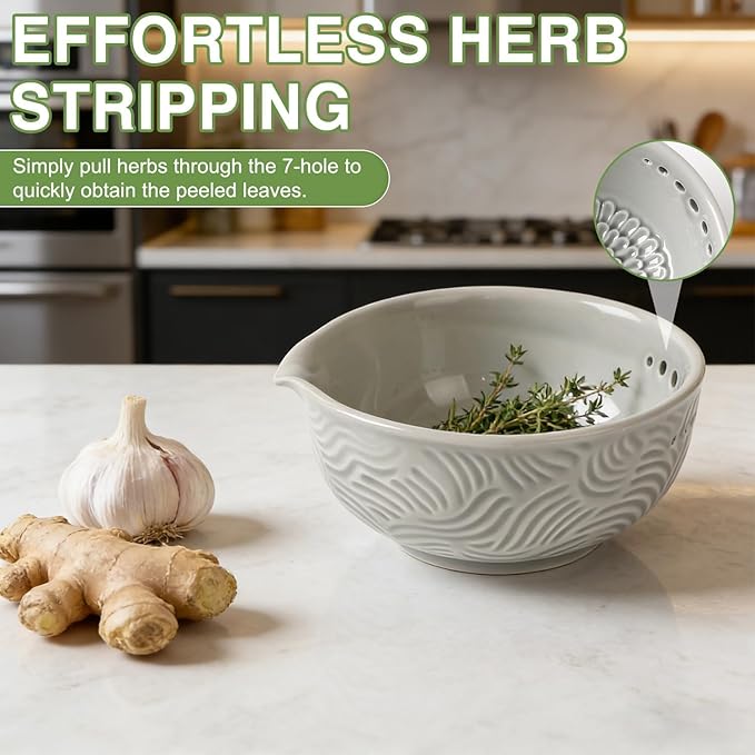 Ceramic Grater Bowl with Herb Stripper, 3 in 1 Handmade Ginger Grater Bowl, Garlic Grater Plate, Multi-Functional Kitchen Tools and Gadgets, for Garlic, Chocolate, Herbs, Etc - Image 5