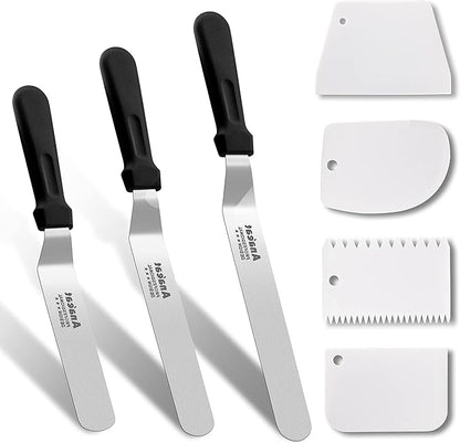 Anaeat Icing Spatula, 3 Pieces Professional Angled Offset Frosting Spatulas with 6", 8", 10" Stainless Steel Blades & 4 Pack Cake Smoother Scraper for Cake Decorating, Baking & Pastry (Set of 7) by Anaeat