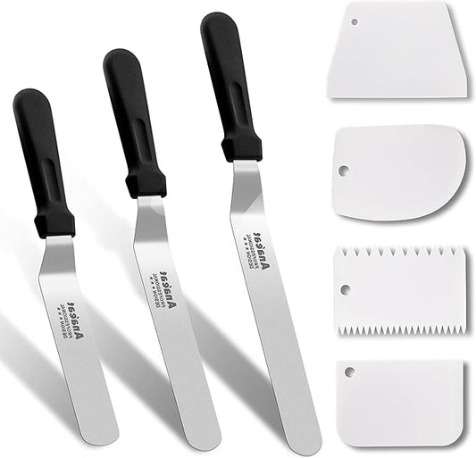 Anaeat Icing Spatula, 3 Pieces Professional Angled Offset Frosting Spatulas with 6", 8", 10" Stainless Steel Blades & 4 Pack Cake Smoother Scraper for Cake Decorating, Baking & Pastry (Set of 7) by Anaeat
