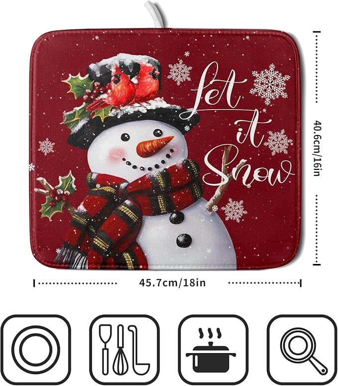 Christmas Dish Drying Mat for Kitchen Counter Snowman Let It Snow Microfiber Absorbent Dish Draining Reusable Washable Foldable 16"x18" - Image 2