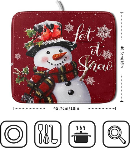 Christmas Dish Drying Mat for Kitchen Counter Snowman Let It Snow Microfiber Absorbent Dish Draining Reusable Washable Foldable 16"x18" - Image 2