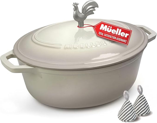 MUELLER HOME 5.5 Quart Enameled Cast Iron Oval Dutch Oven with Rooster Knob & Cotton Potholders, Heavy-Duty Cookware, Oven-Safe up to 500° F & Across All Cooktops, Gifts for Grandma & Women, White by MUELLERHOME