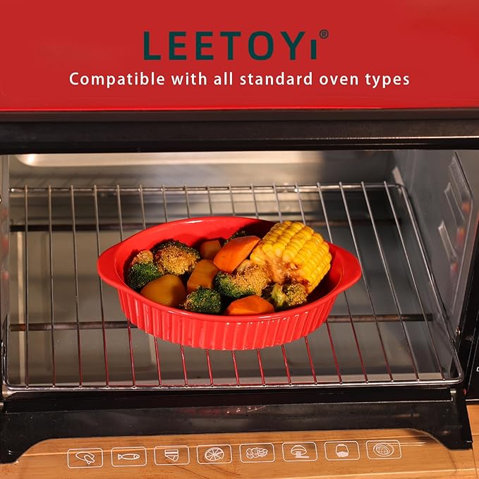 LEETOYI Porcelain Small Oval Au Gratin Pans, Baking Dish Set for 1 or 2 person servings, Bakeware with Double Handle for Kitchen and Home, Set of 2 (Red) - Image 3