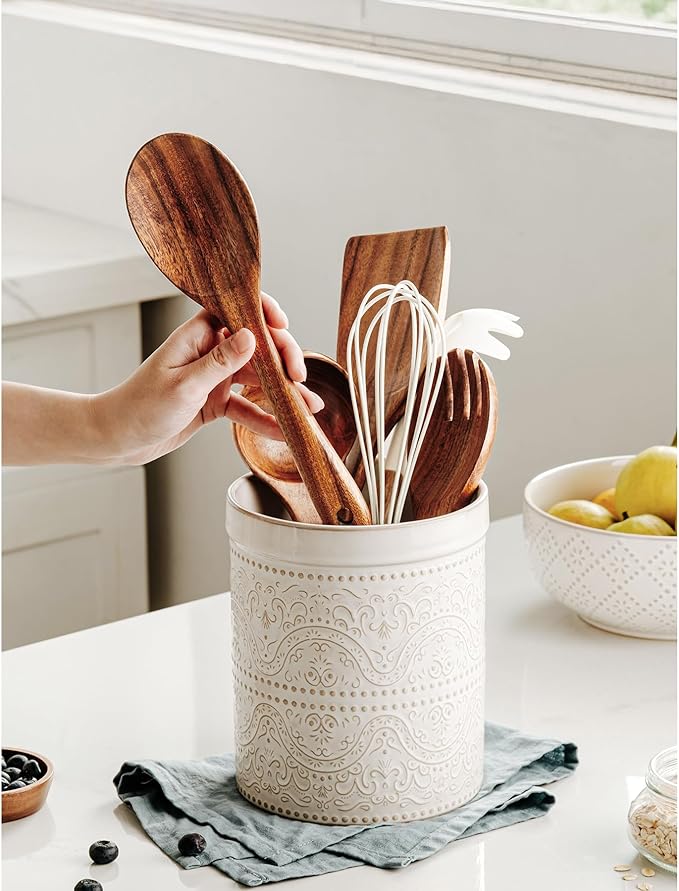 Kitchen Utensil Holder, 7 Inches Large Ceramic Utensil Holder for Countertop, Lace Emboss Cooking Utensil Crocks for Kitchen, Home Decor, Off-White - Image 2