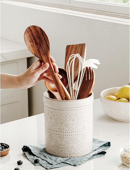 Kitchen Utensil Holder, 7 Inches Large Ceramic Utensil Holder for Countertop, Lace Emboss Cooking Utensil Crocks for Kitchen, Home Decor, Off-White - Image 2