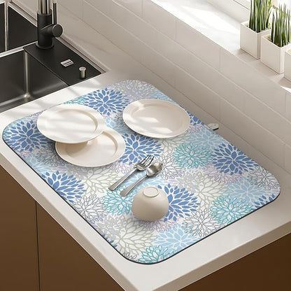 Dish Drying Mat Drainer Pads - Extra Large Microfiber Drying Mats for Dishes Kitchen Counter Super Absorbent Pads for Draining Racks (Blue,16"x18" )