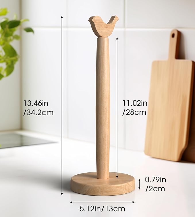 KitchLife Cute Wooden Paper Towel Holder Countertop - Solid Freestanding Paper Towel Dispenser Stand Organizer with Anti-Skid Base (Bird) - Image 2