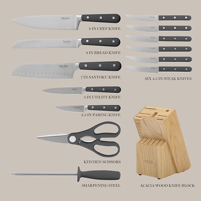 MARTHA STEWART Eastwalk 14 Piece High Carbon Stainless Steel Cutlery Knife Block Set w/ABS Triple Riveted Forged Handle Acacia Wood Block - Gray - Image 3