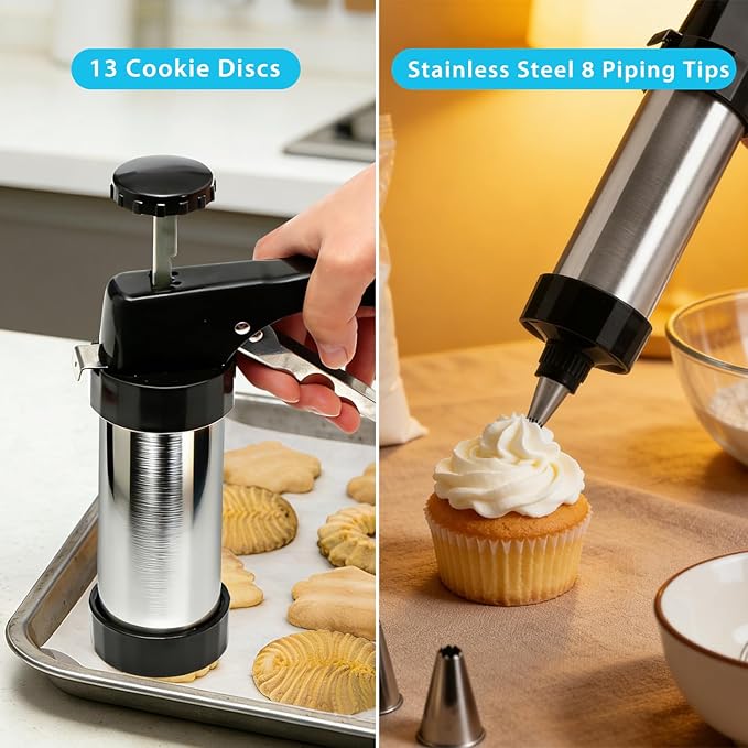 Stainless Steel Cookies Press,Cookie Press Gun Kit with 13 Cookie Discs and 8 Piping Tips for DIY Various Cookies Maker - Image 4