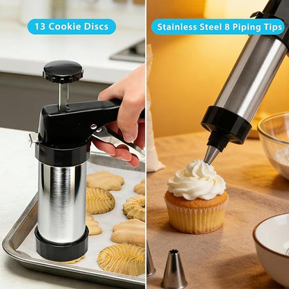 Stainless Steel Cookies Press,Cookie Press Gun Kit with 13 Cookie Discs and 8 Piping Tips for DIY Various Cookies Maker - Image 4