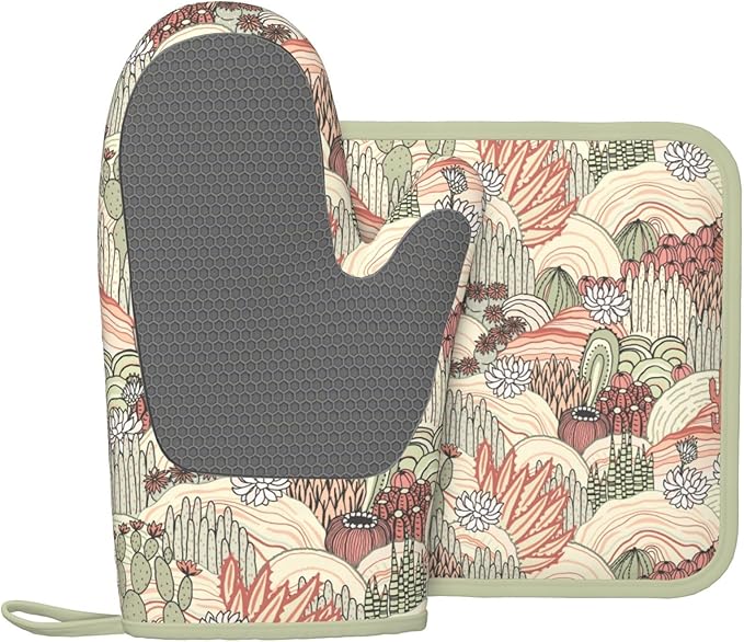Cactus Succulent Silicone Oven Mitts Pan Mats Set of 2, Heat Resistant Gloves Potholder with Non-Slip Grips Hanging Loops Pot Holder, Spring Summer for Chef Cooking, Baking, Grilling, BBQ