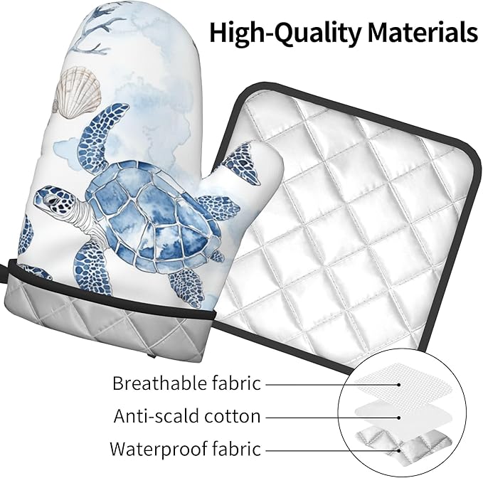 Navy Blue Ocean Sea Turtle Oven Mitts and Pot Holders Sets of 2 Summer Gift for Cooking Enthusiasts Coastal Beach Nautical Coral Kitchen Gloves for Baking BBQ Cooking Grilling Decor - Image 4