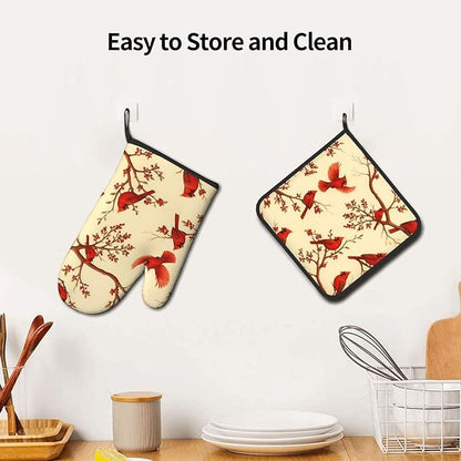 Red Cardinal Oven Mitts and Pot Holders Sets of 3, Non-Slip Christmas Heat Resistant Kitchen Gloves Hot Pad, Cardinal Gifts for Women, Rustic Christmas Kitchen Decor, Baking Cooking Grilling Gifts - Image 5