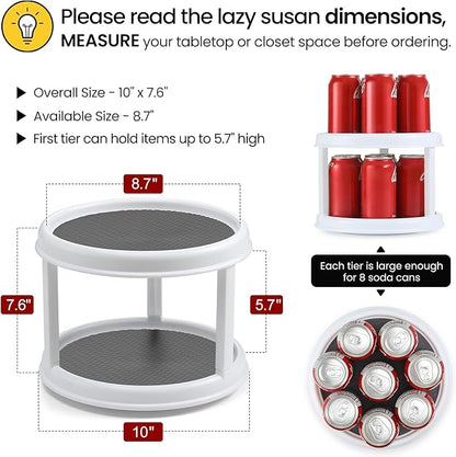 2 Tier 10" Turntable Lazy Susan Spice Organizer - Rotating Seasoning Rack for Pantry Cabinet Kitchen Countertop, Table Top Organizing - Multiuse Two Tier Rotating Organization Rack Spinner - Image 2