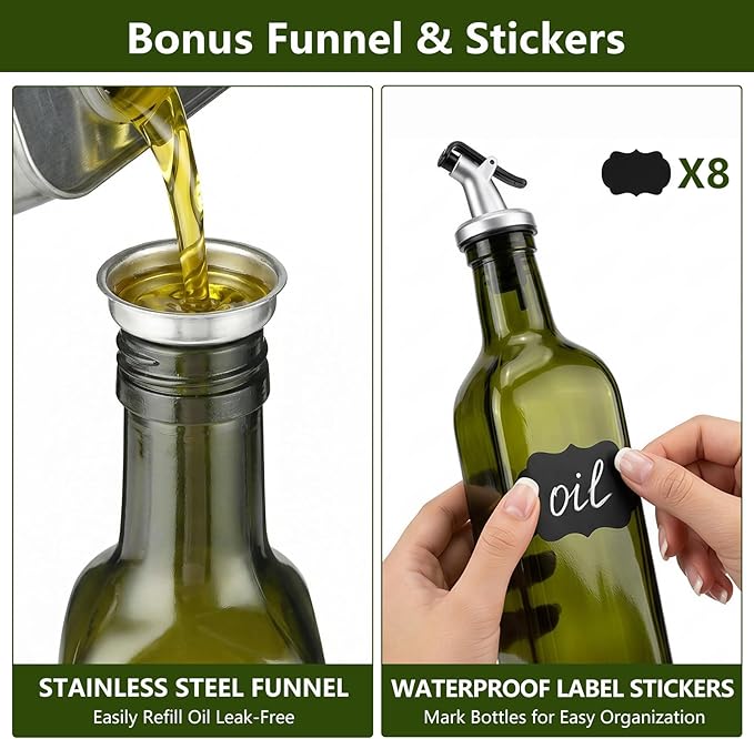 WERTIOO Green Olive Oil Dispenser Bottle,17oz Glass Oil and Vinegar Dispenser for Kitchen, 500ml Glass Bottles for Vinegar Oliveoil with Label and Funnel - Image 4
