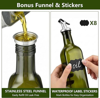 WERTIOO Green Olive Oil Dispenser Bottle,17oz Glass Oil and Vinegar Dispenser for Kitchen, 500ml Glass Bottles for Vinegar Oliveoil with Label and Funnel - Image 4