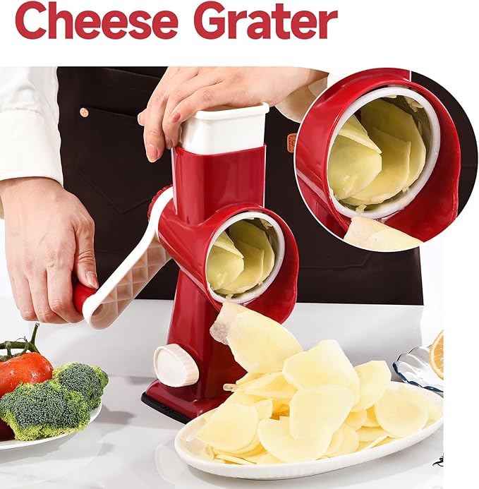Rotary Cheese Grater with Handle Kitchen Shredder Slicer Grater Slicer Ice Shaver Cheese Vegetable Nuts Potato Zucchini Chocolate 3 Interchangeable Blades (RedWhite) - Image 7
