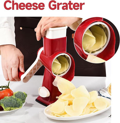 Rotary Cheese Grater with Handle Kitchen Shredder Slicer Grater Slicer Ice Shaver Cheese Vegetable Nuts Potato Zucchini Chocolate 3 Interchangeable Blades (RedWhite) - Image 7