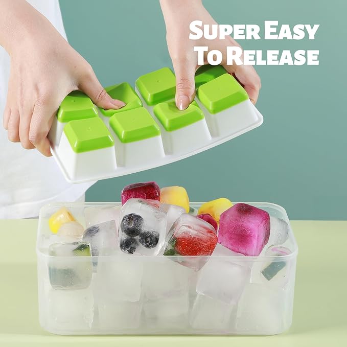 Large Ice Cube Trays with Lid, Jrisbo 2 Pack Stackable Silicone Ice Cube Molds for Freezer, Easy Release 16 Big Square Ice Trays for Whisky Cocktails - Image 2