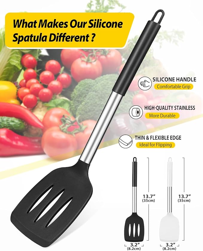 Pack of 2 Silicone Solid Turner, Non Stick Slotted Kitchen Spatulas, High Heat Resistant BPA Free Cooking Utensils, Ideal Cookware for Fish, Eggs, Pancakes(Black-White) - Image 2