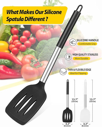 Pack of 2 Silicone Solid Turner, Non Stick Slotted Kitchen Spatulas, High Heat Resistant BPA Free Cooking Utensils, Ideal Cookware for Fish, Eggs, Pancakes(Black-White) - Image 2