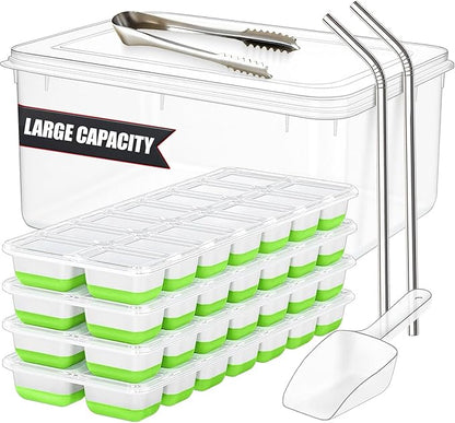 56pcs Ice Cube Tray with Lid and Bin – Stackable 4 Trays Plastic Silicone Freezer Mold, Large Ice Bucket with Scoop, Tong & 2 SS Straws – Easy Release Ice Maker for Cocktail, Coffee, RV, Whiskey by CozyKitchenEssentials