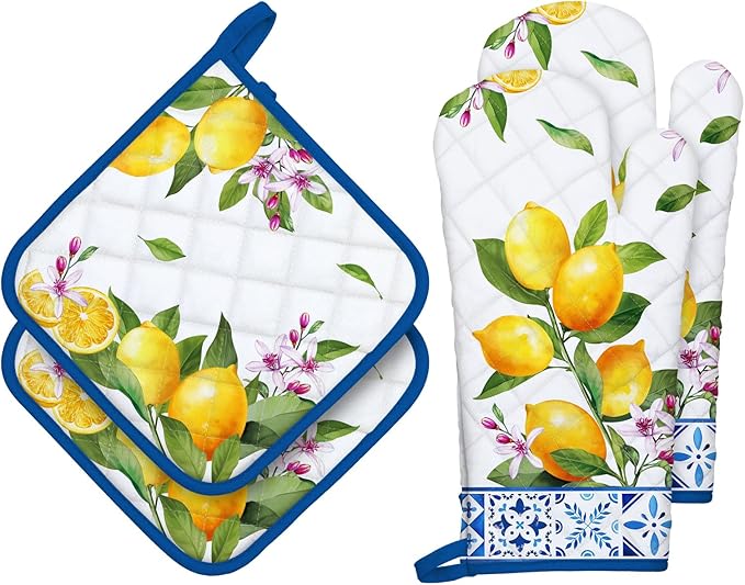 Summer Lemon Oven Mitts and Pot Holders Sets 4Pcs, 100% Cotton Heat Resistant, Extra Long Oven Gloves Potholder for Kitchen Cooking Baking Decoration, Housewarming Gifts for Mom by Arquiel