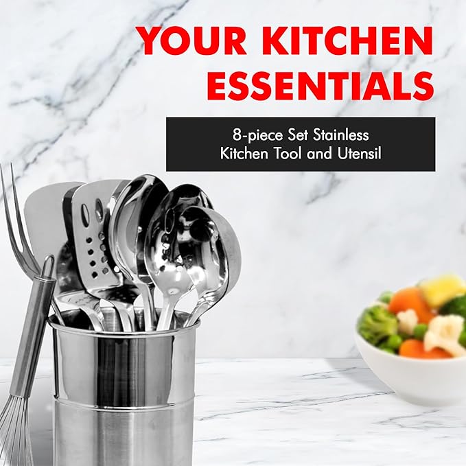 Chef Craft - 8 Piece Stainless Steel Kitchen Utensils Set with Utensil Holder - Image 2