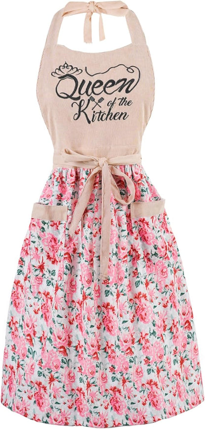 Cute Floral Aprons for Women with Pockets,Cotton Adjustable Neck Strap Apron for Kitchen Cooking Baking Gardening