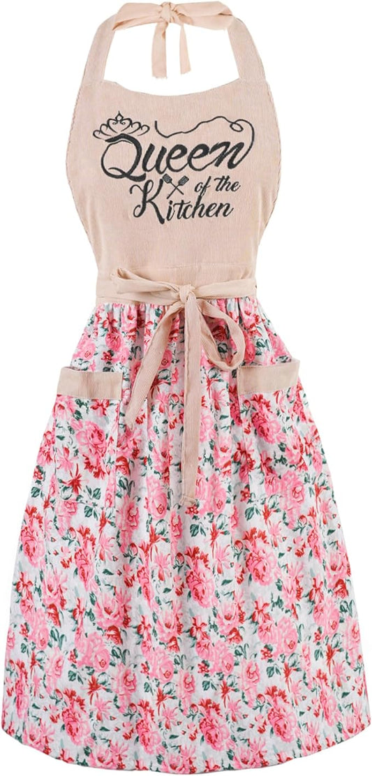 Cute Floral Aprons for Women with Pockets,Cotton Adjustable Neck Strap Apron for Kitchen Cooking Baking Gardening