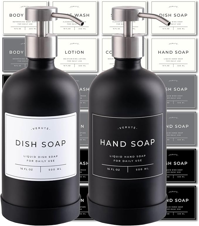Hand and Dish Soap Dispenser for Kitchen and Bathroom, Set of 2 16 Oz Glass Bottles, Stainless Steel Pumps, Non-Slip Silicone Base, 27 Waterproof Labels (Matte Black Bottle/Brushed Silver Pump) by Verute