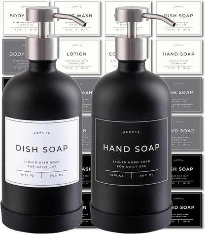Hand and Dish Soap Dispenser for Kitchen and Bathroom, Set of 2 16 Oz Glass Bottles, Stainless Steel Pumps, Non-Slip Silicone Base, 27 Waterproof Labels (Matte Black Bottle/Brushed Silver Pump) by Verute