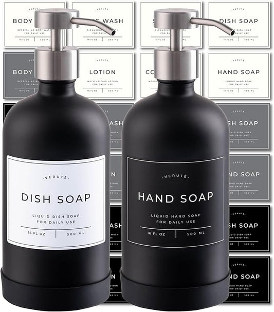 Hand and Dish Soap Dispenser for Kitchen and Bathroom, Set of 2 16 Oz Glass Bottles, Stainless Steel Pumps, Non-Slip Silicone Base, 27 Waterproof Labels (Matte Black Bottle/Brushed Silver Pump) by Verute