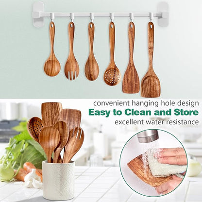 HOWHONG Wooden Spoons for Cooking, Teak Wood Kitchen Utensil Set, Premium Handmade Wooden Utensils for Nonstick Cookware, Heat Resistant, Smooth Finish, Comfortable Grip, 6 Piece - Image 3
