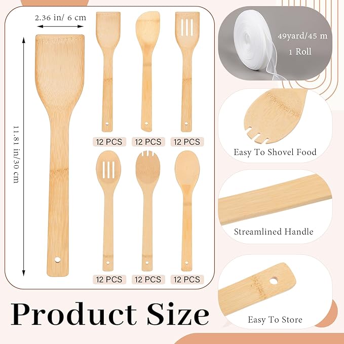 Reallnaive 72 Pcs Bamboo Spatula Wooden Kitchen Utensil Bulk 12''wood Spoon Spatula for Cooking with Ribbon Bridal Baby Shower Game Prize Wedding Party Favors Housewarming Gift (Various Style)