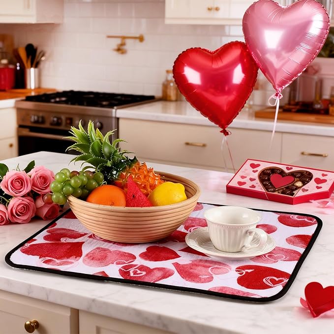 Breling Valentine's Day Dish Drying Mat Valentine Kitchen Dry Mat Absorbent Hearts Table Dishes Pad Red Pink Protect Tableware Kitchen Accessories for Home Decor, 16 x 18.4 Inches