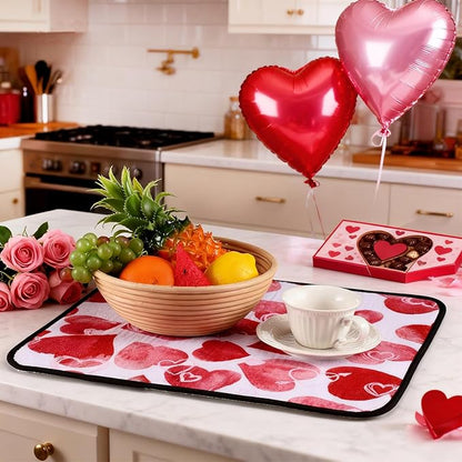 Breling Valentine's Day Dish Drying Mat Valentine Kitchen Dry Mat Absorbent Hearts Table Dishes Pad Red Pink Protect Tableware Kitchen Accessories for Home Decor, 16 x 18.4 Inches