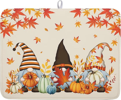 Fall Gnome Dish Drying Mat for Kitchen Counter Autumn Pumpkin Maple Leaves Dishes Pad Absorbent Fast Dry Dish Drainer Rack Mats 18x24 Inch Thanksgiving Day Drying Mats for Counter Accessories