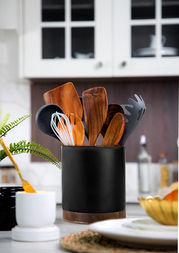 Nucookery 360°Rotating Utensil Holder, 7.2" Large Utensil Crock, White Ceramic Cooking Utensil Organizer,Farmhouse Kitchen Decor Christmas Thanksgiving Gift (Stone Black) - Image 7