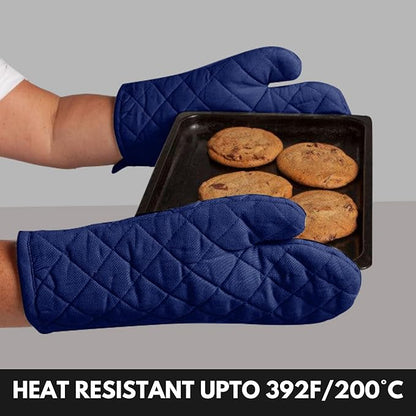 Oven Mitt (7"x13") & Pot Holder (8"x8") 100% Cotton Set of Heat Resistant Oven Gloves & Hot Pads for Gifts, BBQ, Cooking, Baking, Thanksgiving - Indigo Blue