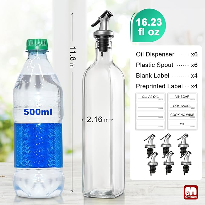 GMISUN Olive Oil Dispenser Bottle, 6 Pack Oil Dispensers Bottles for Kitchen, Cooking Vinegar Dispenser Set, Glass Container Cruet-Pourer Spout, Funnel and Labels - Image 2