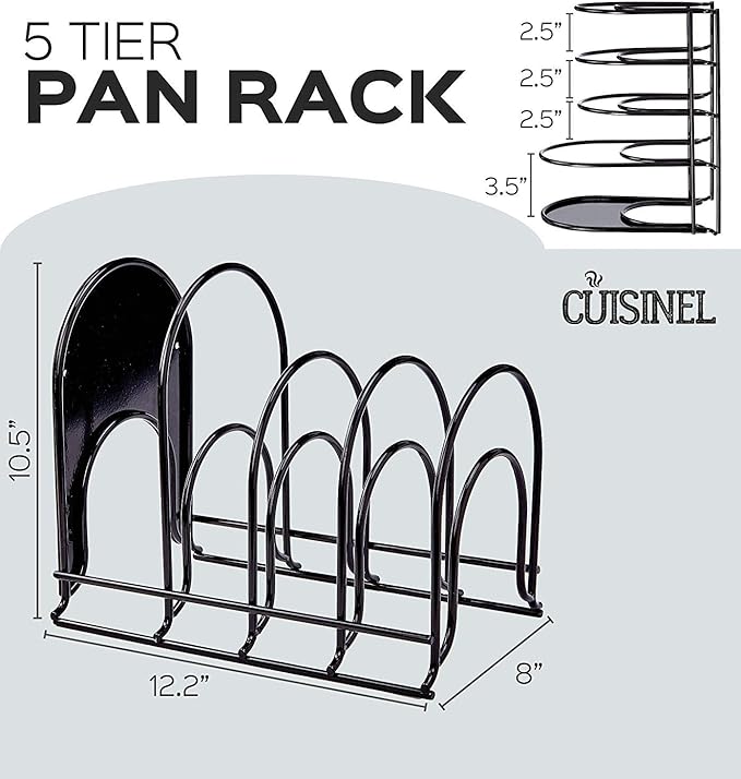 Cuisinel Heavy Duty Pots and Pans Organizer Rack - 12.2"-Inch Tall - 5 Tier Rack - Holds 50 LB - Cast Iron Skillets, Griddles, Shallow Cookware - Space Saving Kitchen Storage - No Assembly Required - Image 3