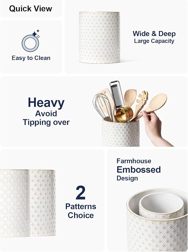 LE TAUCI Utensil Holder for Kitchen Counter - 7.1" Large Ceramic Kitchen Utensil Holder, Embossed Cooking Utensil Crock for Spatula, Spoon - Farmhouse Kitchen Decor & Organizer, White, Clover - Image 3