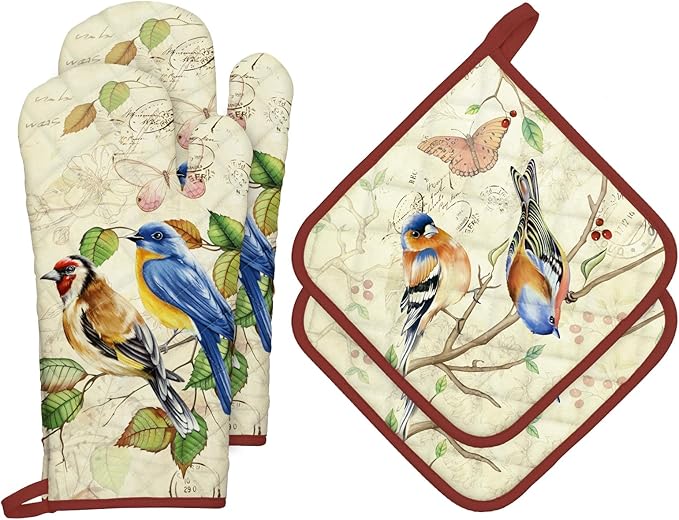 Vintage Bird Oven Mitts and Pot Holders Sets 2Pcs, 100% Cotton Heat Resistant, Extra Long Oven Gloves Potholder for Kitchen Cooking Baking Decoration, Housewarming Gifts for Mom - Image 2