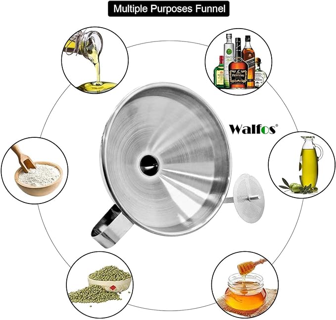 Stainless Steel Funnel, Walfos Kitchen Funnel with 2 Removable Strainer ＆ 1Pc Cleaning Brush, Perfect for Transferring of Liquid, Oils, Jam, Dry Ingredients & Powder (4.1") - Image 4