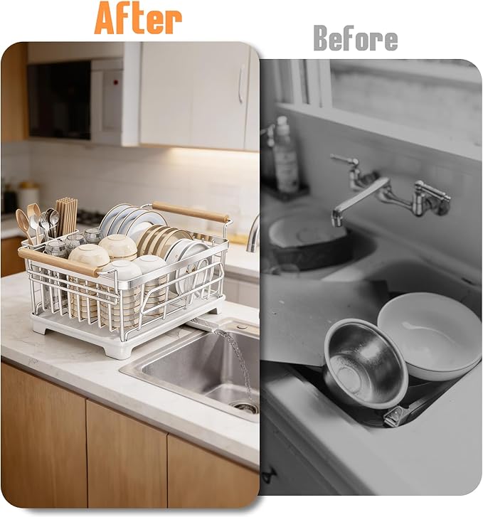 Dish Drying Rack for Kitchen Counter, Stainless Steel Dish Rack with Drainboard, Wooden Handles, Large Capacity Countertop Dish Rack for Plates, Bowls, Cups & Utensils