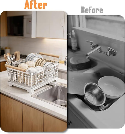 Dish Drying Rack for Kitchen Counter, Stainless Steel Dish Rack with Drainboard, Wooden Handles, Large Capacity Countertop Dish Rack for Plates, Bowls, Cups & Utensils