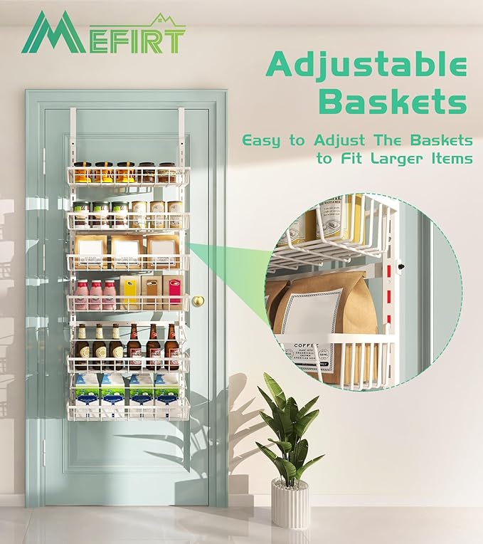 Mefirt Over The Door Pantry Organizer, Wall Mount Spice Rack, Pantry Hanging Storage and Organization, 6 Adjustable Baskets Heavy-Duty Metal for Home & Kitchen, Back of Door Seasoning Rack - White - Image 3