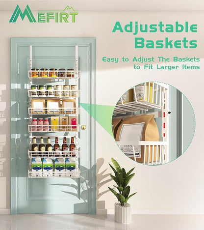 Mefirt Over The Door Pantry Organizer, Wall Mount Spice Rack, Pantry Hanging Storage and Organization, 6 Adjustable Baskets Heavy-Duty Metal for Home & Kitchen, Back of Door Seasoning Rack - White - Image 3