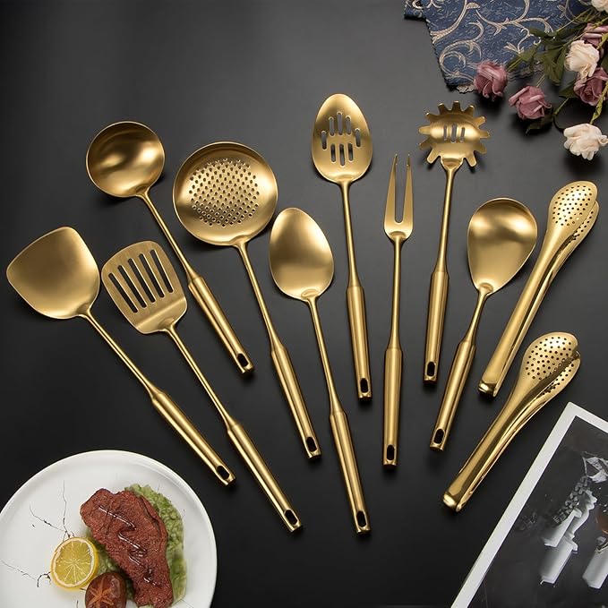 304 Stainlss Steel Matte Kitchen Utensils Set, 11 Pcs Long Metal Cooking Utensil Gadgets Tools Set with Spatula, Spoon, Ladle, Skimmer, Tunner, Pasta Server, Tongs(Gold, Dishwasher Safe) - Image 2